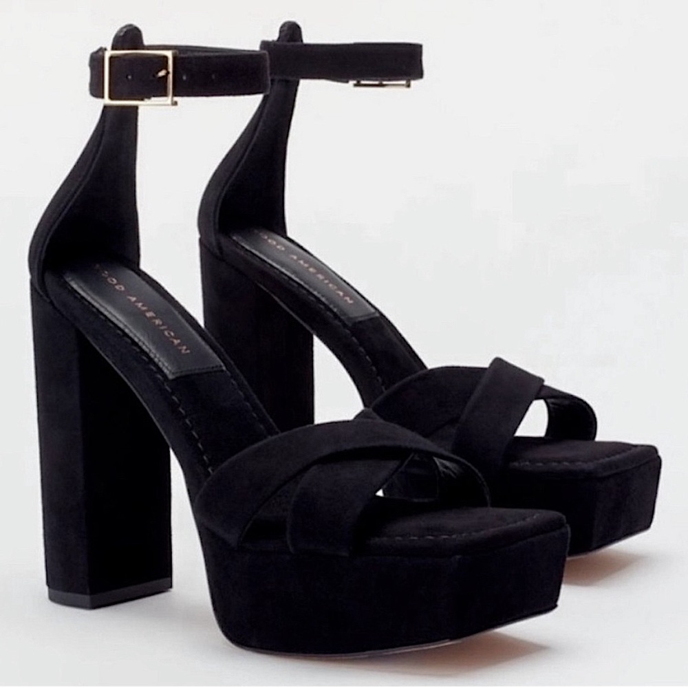 Good American Ankle Strap Black Suede Platform Sandal Chunky Heels Size 7.5 NIB